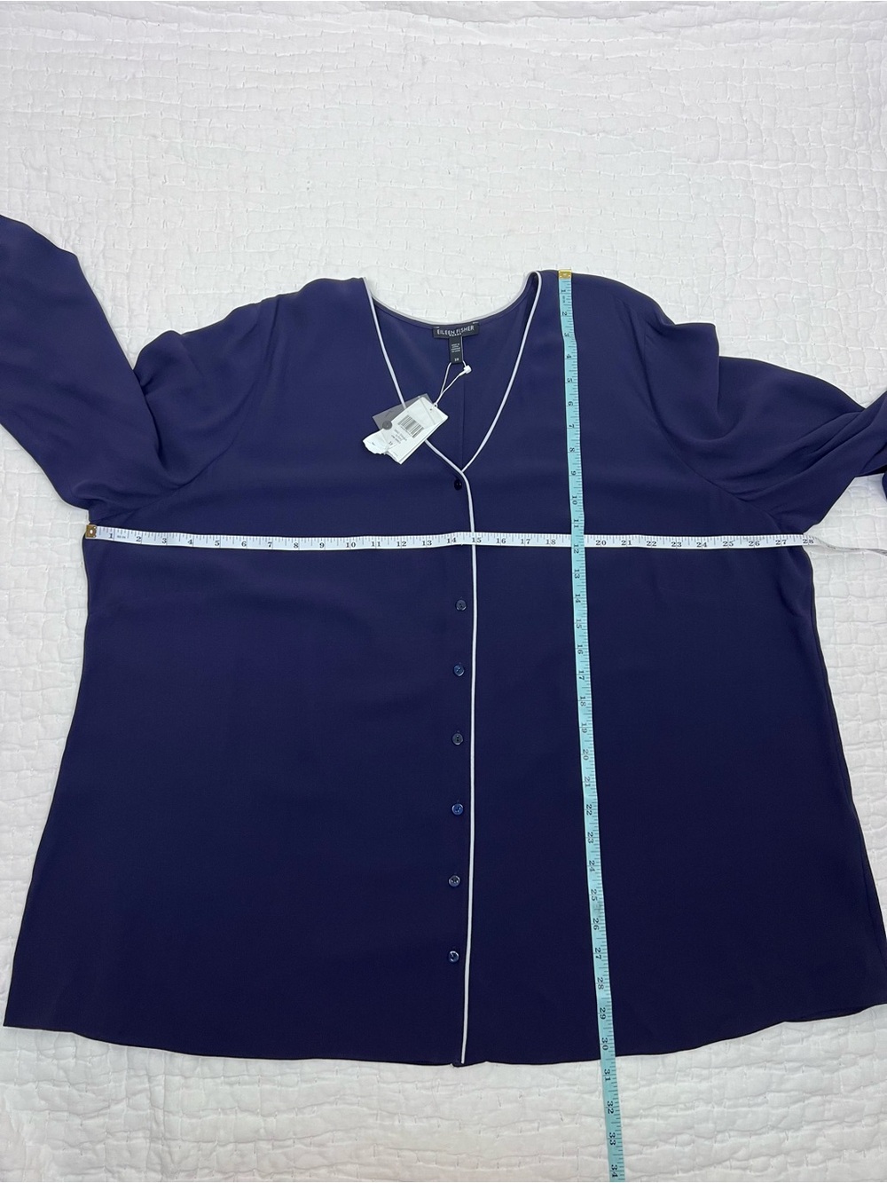 Eileen Fisher Navy Silk Georgette Crepe Piped V-Neck Button Down Shirt 3X - Picture 3 of 5